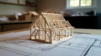 Leinwandbilder - Miniature wooden house frame on blueprints.