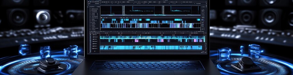 Leinwandbilder - Laptop with editing software displayed; glowing, blue controls.