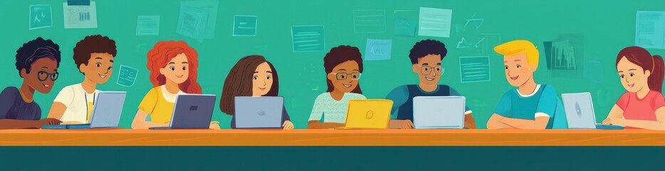 Poster - Diverse group studying with laptops at table.