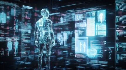 Aufkleber - Transparent humanoid figure studies medical data on holographic screens.