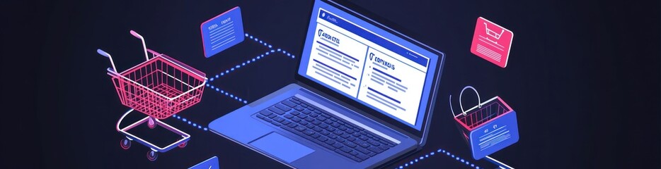Aufkleber - Online shopping concept with laptop, cart, and bag.