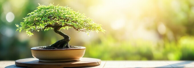 Aufkleber - Bonsai tree on table, sunshine background, out of focus.