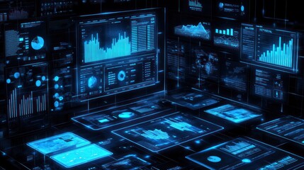 Leinwandbilder - Blue digital interfaces displaying data, graphs, charts.
