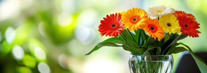 Poster - Colorful gerberas bouquet in glass vase, soft focus nature background.
