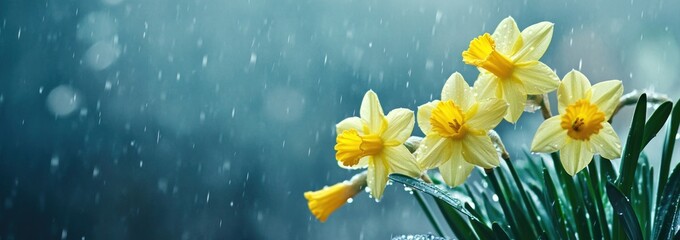 Fototapete - Yellow daffodils in rain, blurred background.