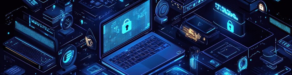 Poster - Isometric tech devices, security icons, data flows, blue light effects.