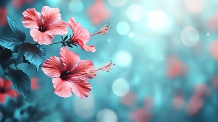 Poster - Pink hibiscus flowers with bokeh lights on blue.