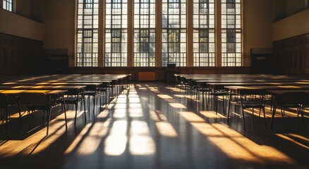 Poster - Empty lecture hall with sunlight through large windows.