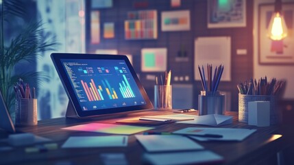 Aufkleber - Tablet with charts on desk, papers, pencils, and other office supplies.