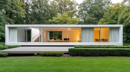 Poster - Modern home with large glass walls, lawn, and trimmed hedges.