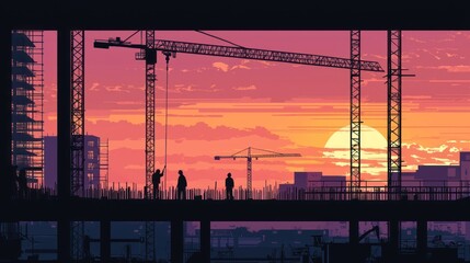 Aufkleber - Silhouetted workers at construction site with vibrant sunset sky.