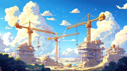 Aufkleber - Three construction cranes under a bright, cloudy sky.