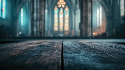 Poster - Interior view of a blurred church with wooden platform in foreground.