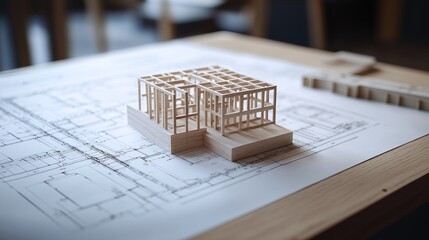 Poster - Wooden model on blueprint.