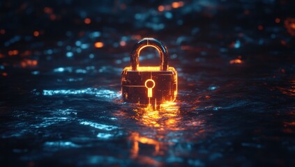 Poster - Glowing lock on water with orange reflections.