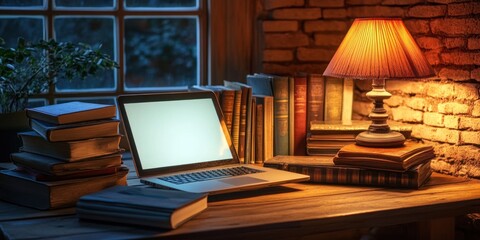 Aufkleber - Cozy desk setup with laptop, books, lamp, brick wall, and dark night outside.