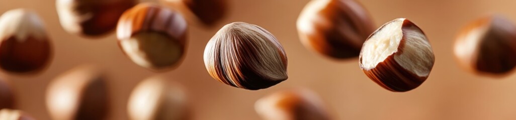 Sticker - Hazelnuts levitating, some are peeled, on a brown background.