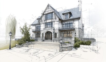 Poster - Detailed house sketch with landscaping.
