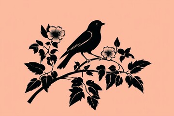 Wall Mural - A silhouette of a small bird perched on a branch against a peach gradient background