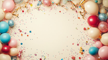 Wall Mural - Festival, carnival or birthday party frame with balloons, streamers and confetti in creamy beige background