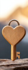 Wall Mural - A heart-shaped wooden key symbolizes love and connection, standing upright against a soft, blurred background.