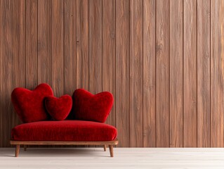 Wall Mural - A cozy red heart-shaped sofa against a rustic wooden wall, creating a warm and inviting atmosphere perfect for romance or relaxation.