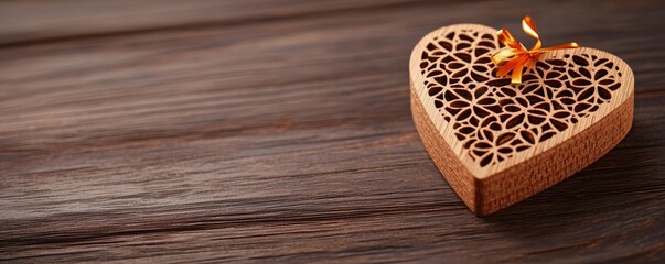 Wall Mural - A beautifully crafted wooden heart box with intricate cutouts, sitting on a smooth wooden surface, exuding warmth and elegance.