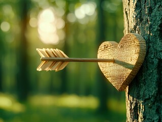 Wall Mural - A wooden heart with an arrow embedded in it, attached to a tree, surrounded by a serene forest backdrop.