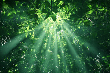 Wall Mural - A rainforest canopy seen from above, with sunbeams piercing through misty green treetops