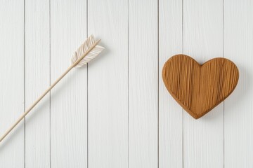 Wall Mural - A wooden heart and an arrow are placed on a white wooden surface, symbolizing love and romance.