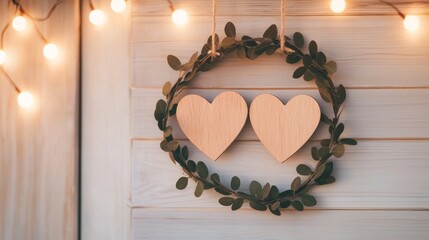 Wall Mural - A decorative wreath featuring wooden hearts surrounded by greenery, illuminated by soft, warm lights, creating a romantic atmosphere.