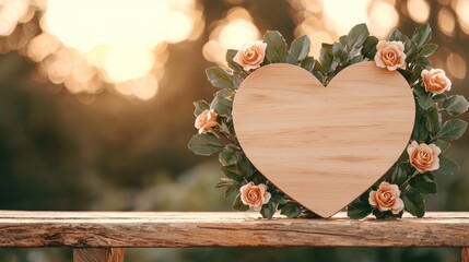 Wall Mural - A wooden heart surrounded by flowers sits on a table, illuminated by warm sunlight, creating a serene and romantic atmosphere.