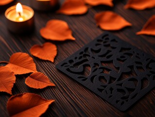 Wall Mural - A serene composition featuring a black coaster surrounded by orange petals and glowing candles, evoking a cozy and romantic ambiance.