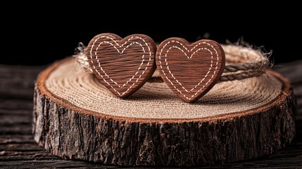 Wall Mural - Two woven heart ornaments on a wooden slice, symbolizing love and nature, set against a dark background.