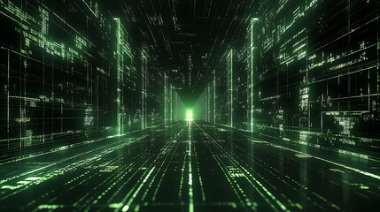 Green Digital Data Corridor: A 3D Render of a Futuristic Cyberspace. AI Generated