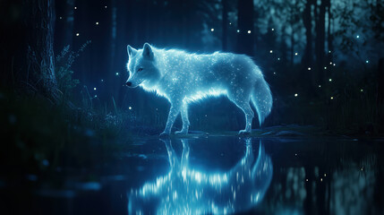 Mystical wolf encounter enchanted forest digital art nighttime ethereal nature's magic