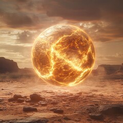 Wall Mural - A glowing, living energy orb on the surface of Mars, with subtle, swirling internal motion as if it is slowly devouring energy