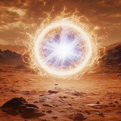 Wall Mural - A glowing, living energy orb on the surface of Mars, with subtle, swirling internal motion as if it is slowly devouring energy