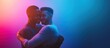 © Lustre Art Group  - Banner. Two men embrace in warm light gradient, representing comfort, pride, and shared happiness within diversity. negative space to insert text. Concept of LGBTQ community, human rights, liberty.