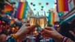 © Lustre Art Group  - Two hands clink champagne glasses, celebrating love and unity, symbolizing joy and acceptance within LGBT community against backdrop of rainbow flags during march. Concept of human rights, liberty.