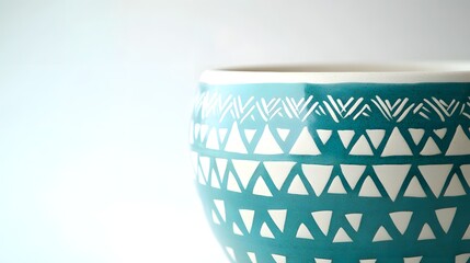 Wall Mural - Turquoise and white geometric triangles on a ceramic pot isolated on white, showcasing vibrant contemporary design