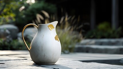 Wall Mural - White earthenware pitcher with golden repairs in a serene outdoor setting, merging traditional Japanese craftsmanship with modern outdoor living spaces