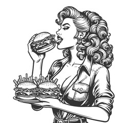 Wall Mural - pin-up woman with hamburger sketch engraving generative ai fictional character vector illustration. Scratch board imitation. Black and white image.