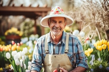 Wall Mural - Portrait of happy senior man gardening in his garden at springtime