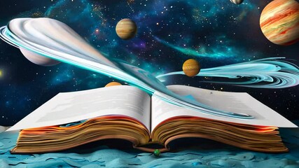 Wall Mural - a book is open to a page with a blue sky and planets. the book is titled 