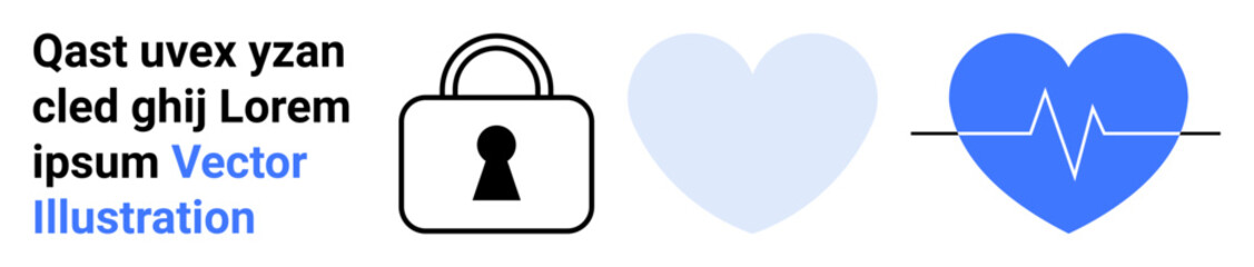 Padlock icon beside two heart symbols, one with heartbeat line, next to placeholder text. Ideal for web security, healthcare, privacy, protection, medical services, wellness apps and digital