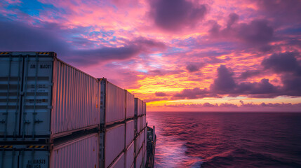 Wall Mural - Vivid hues of sunset painting the sky while shipping containers line the deck of a vessel sailing across the tranquil ocean surface, highlighting the beauty of maritime journeys