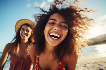 Two cheerful young women are having fun and laughing together on a sunny beach