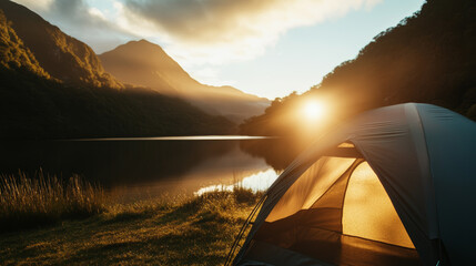 Wall Mural - beautiful sunset view by the lake with a camping tent in the foreground