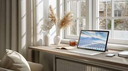 Poster - This cozy workspace bathed in natural light with plants, a tablet, and an open book on the desk.
